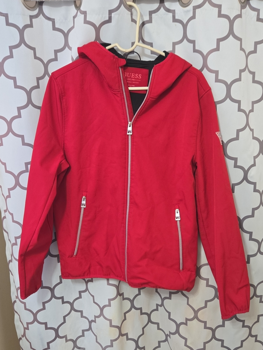 GUESS Red Hooded Zip Raincoat Jacket